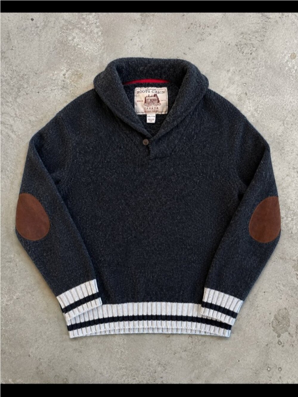 Roots Cabin Wool Blend Shawl Collar Sweater Elbow Patches XXL Wool Classic